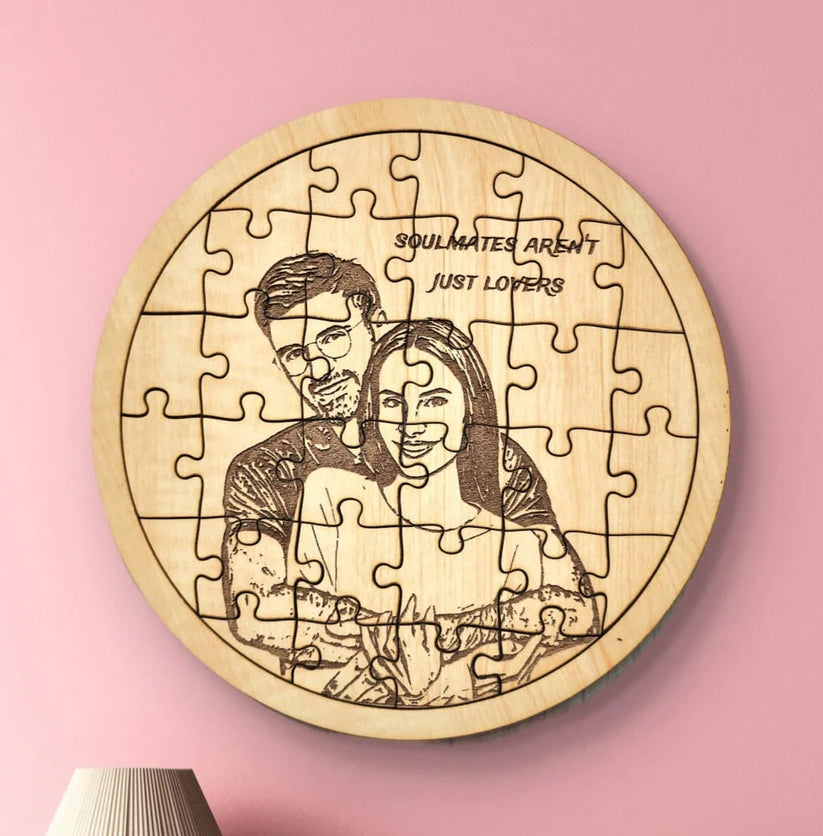 Round Shape Personalized wooden engraved photo frame jigsaw puzzle