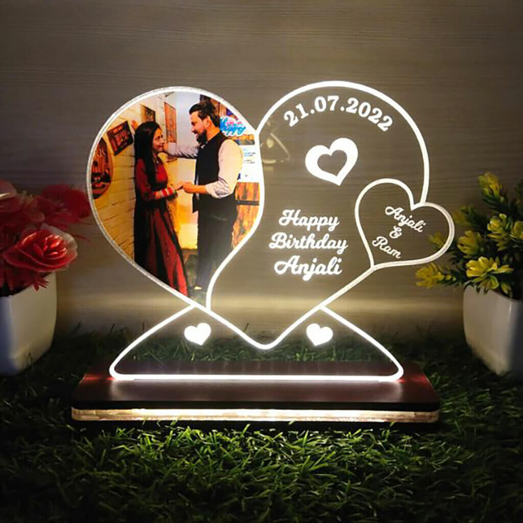 Personalized Heart Shaped Acrylic LED Lamp with Your Photo & Stand