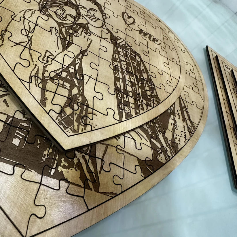 Heart shape Personalized wooden engraved photo frame jigsaw puzzle