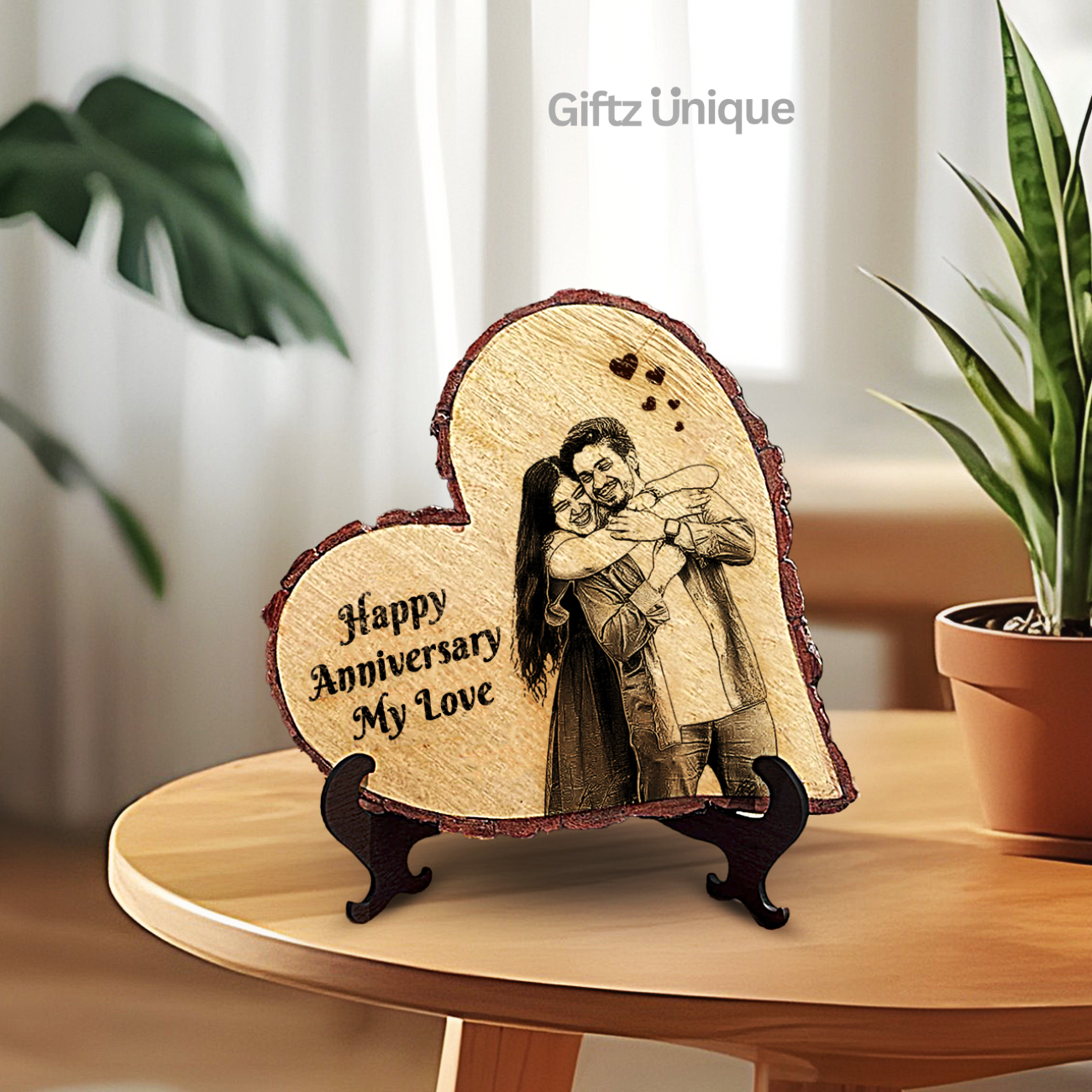 Heart Shape natural wooden engraved photo frame with easel stand