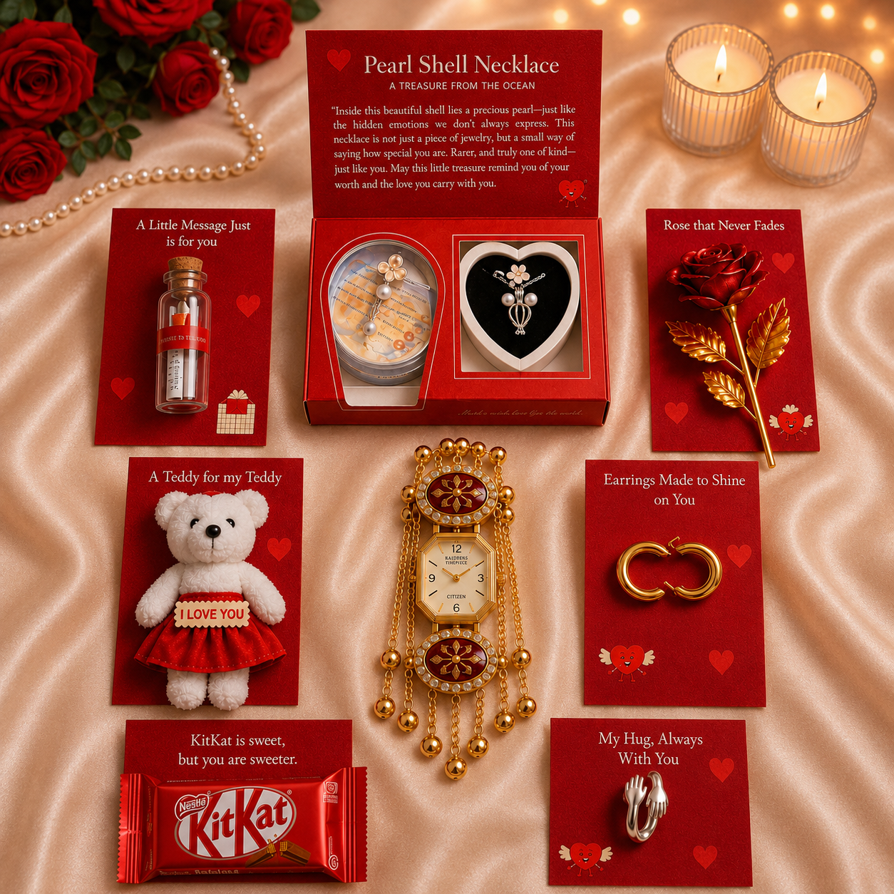 9 in 1 Luxury Romantic Gift Combo for Her โ Pearl Shell Necklace, Kashmiri Watch, Forever Rose, Teddy, KitKat, Earrings, Hug Ring & Message Bottle