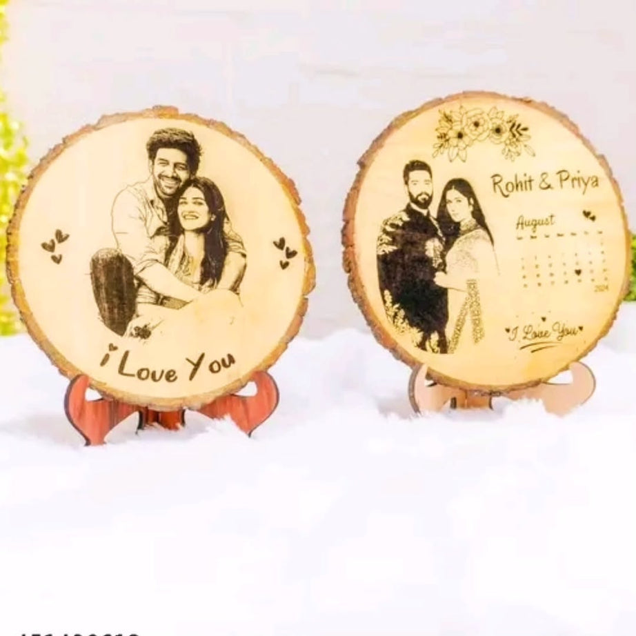 Wooden Slice engraved photo frame with occasion date & Calender