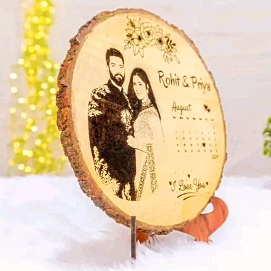 Wooden Slice engraved photo frame with occasion date & Calender