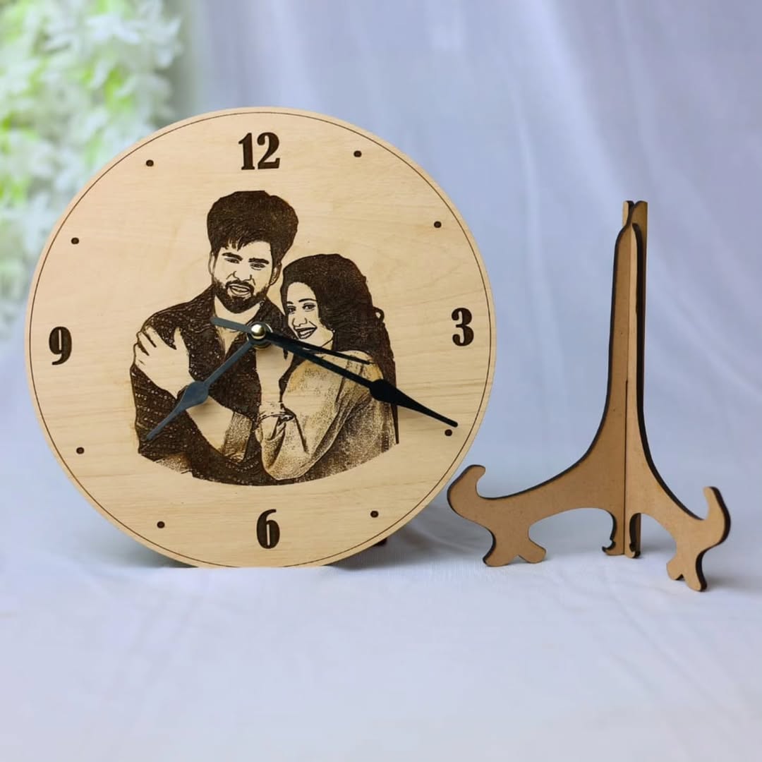 Personalized Wooden Engraved Photo Clock (8x8 Inches)