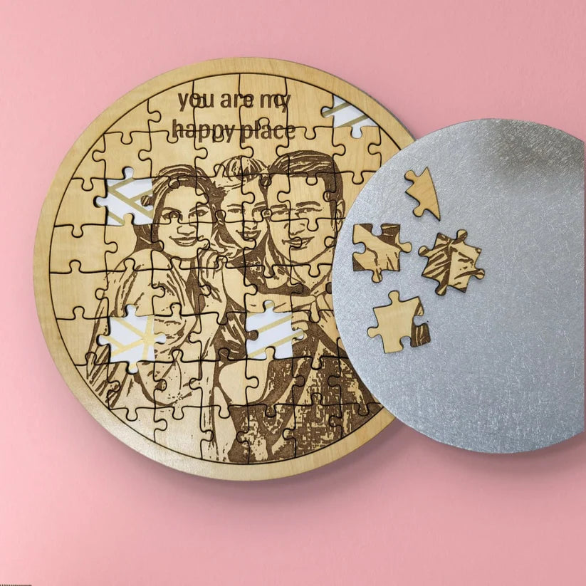 Round Shape Personalized wooden engraved photo frame jigsaw puzzle