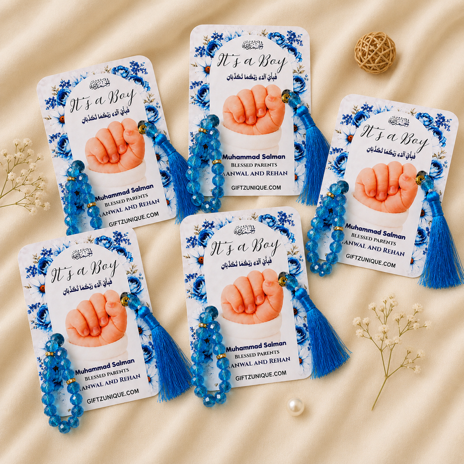 Personalized Aqiqah, Birthday & Baby Announcement Card with Tasbih