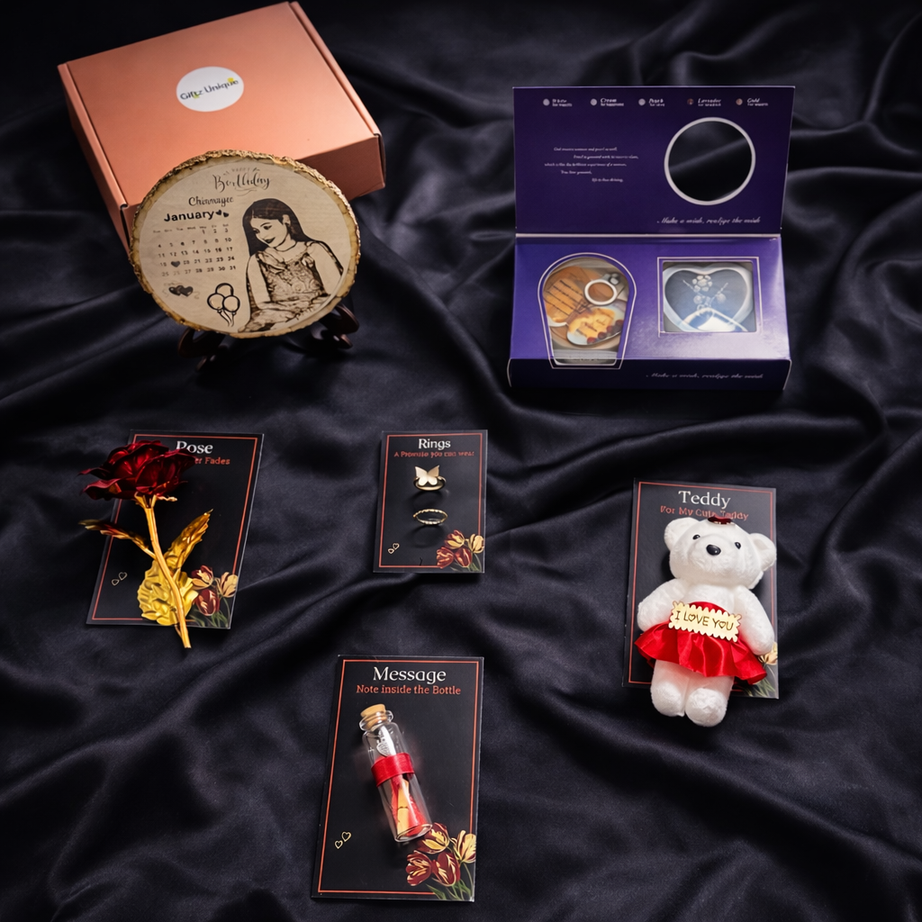 Premium Combo for Her - 6 in 1 Gifts Combo with Wooden engraved frame & Pearl Shell Necklace
