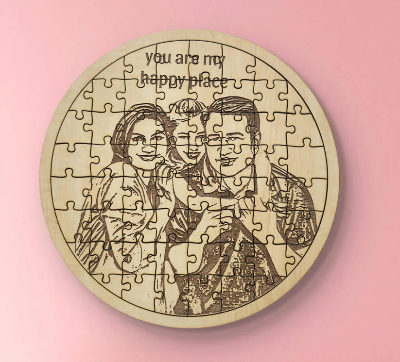 Round Shape Personalized wooden engraved photo frame jigsaw puzzle