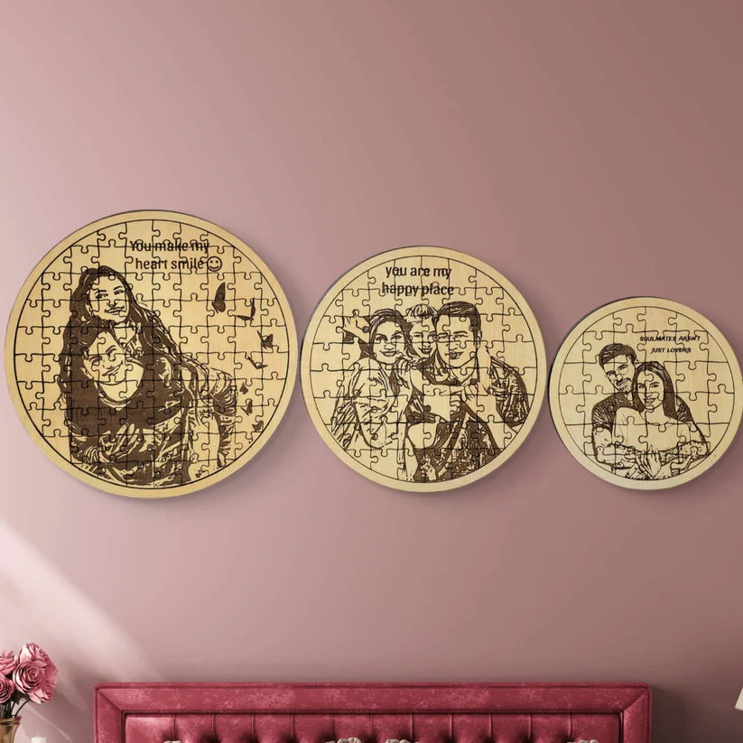 Round Shape Personalized wooden engraved photo frame jigsaw puzzle