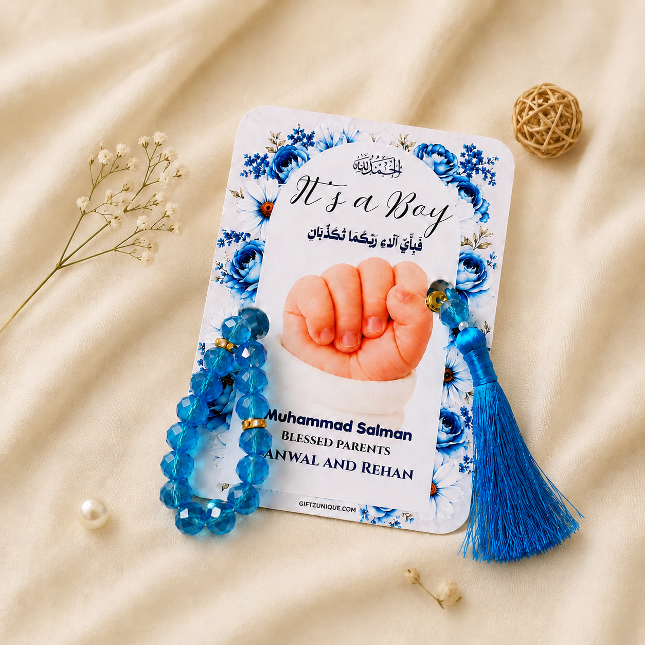 Personalized Aqiqah, Birthday & Baby Announcement Card with Tasbih