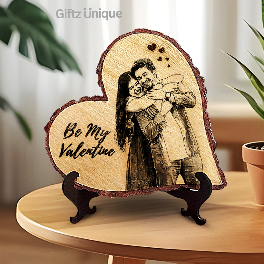 Heart Shape natural wooden engraved photo frame with easel stand