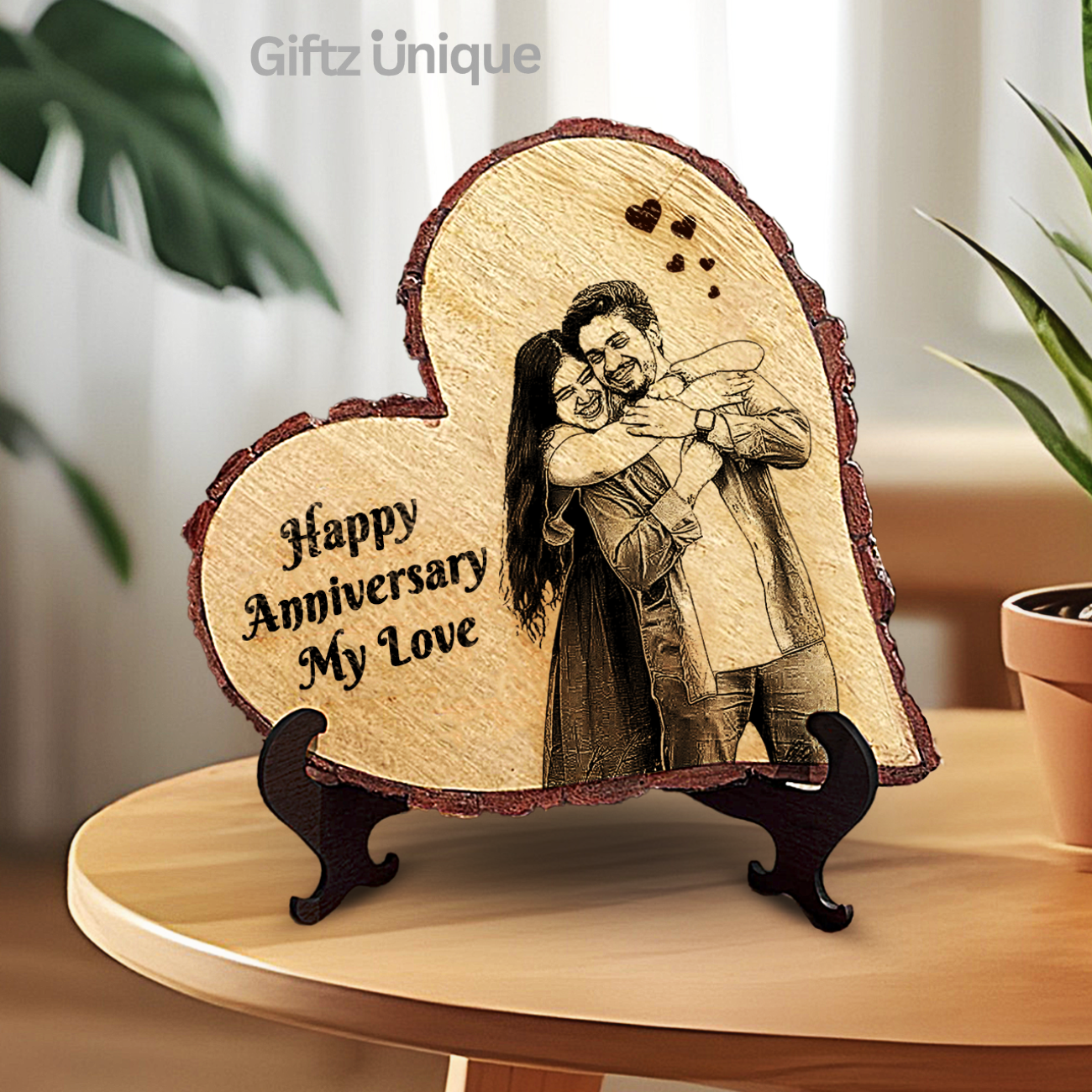 Heart Shape natural wooden engraved photo frame with easel stand