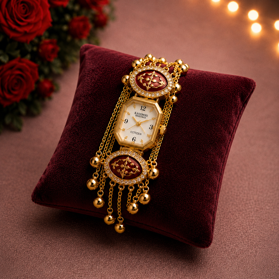 9 in 1 Luxury Romantic Gift Combo for Her – Pearl Shell Necklace, Kashmiri Watch, Forever Rose, Teddy, KitKat, Earrings, Hug Ring & Message Bottle