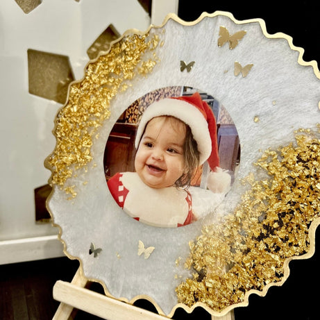 Personalized Golden & White Resin frame with stand
