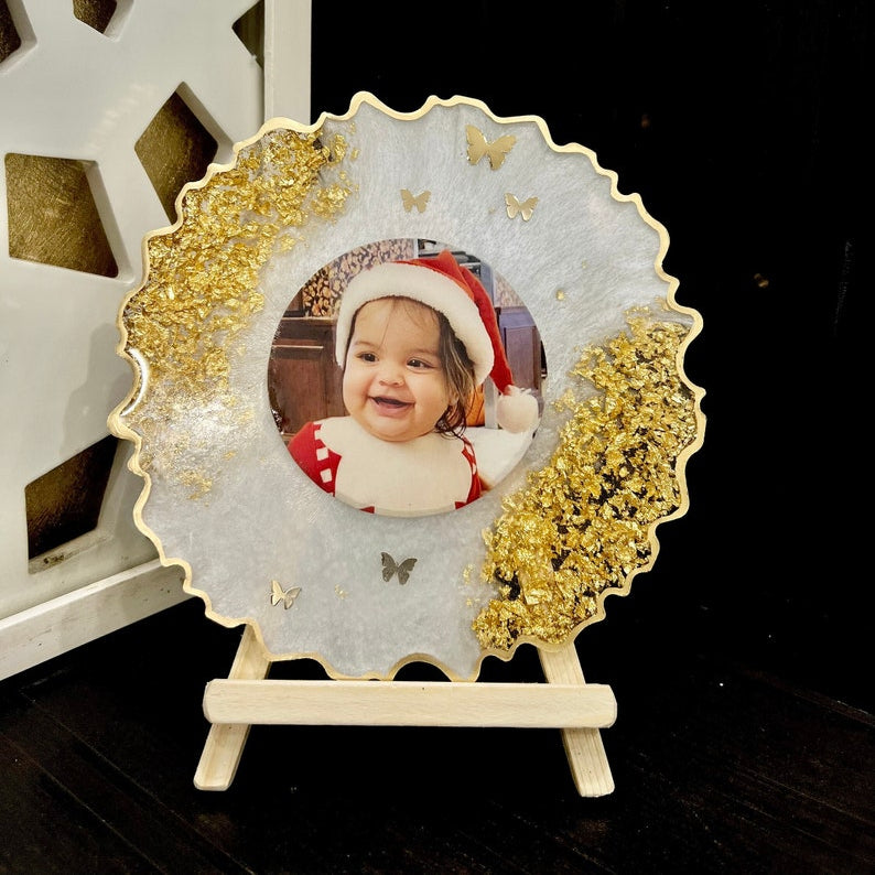 Personalized Golden & White Resin frame with stand